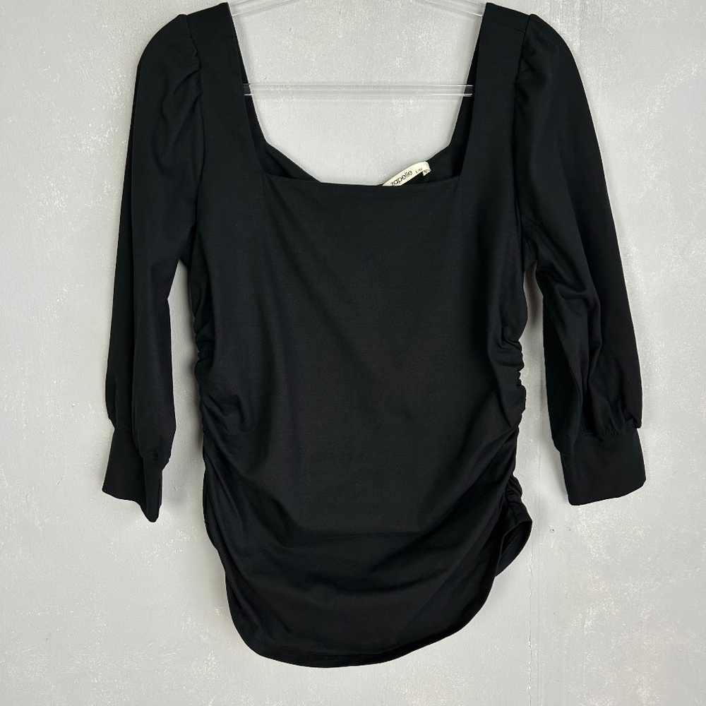 Zapelle Eshakti size L 12 square neck top black ruched 3/4 sleeve cotton stretch